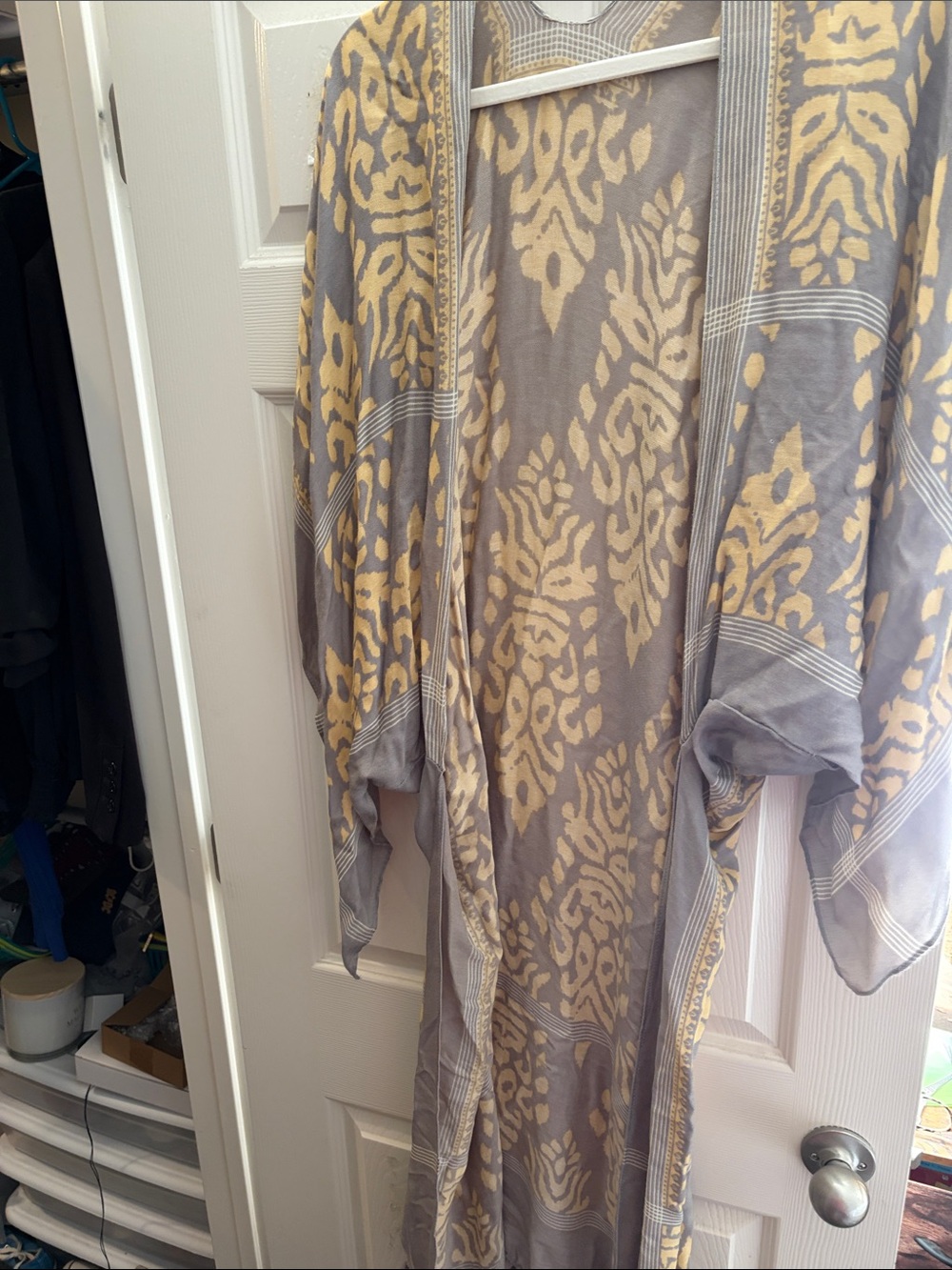 Gray and Yellow Patterned Open-Front Tunic Kimono